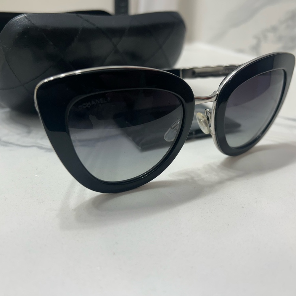CHANEL Black and Silver Cat-Eye Sunglasses